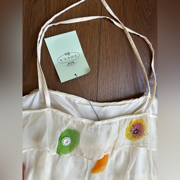 Tocca 100% Silk Cream Dress with Colorful Floral Accents and flowy layers - Picture 12 of 13